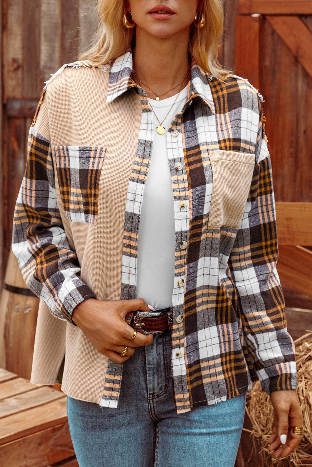 Plaid Patchwork Knit Shacket