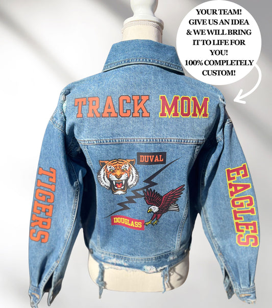 Custom Denim Jacket, Custom Jean Jacket, Personalized Team Jackets, Track Mom Jackets, Football Mom Jacket, Sports Mom Jacket, Team Gifts