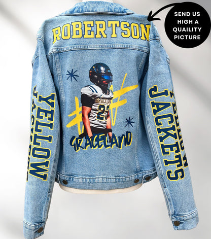 Baseball Mom Denim Jacket, Custom baseball Jean Jacket, Custom Sports Mama Jacket, Game Day Jean Outfit, Highschool Jean Jacket, Baseball GF