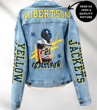 Cheer Mom Denim Jacket, Sport Mom Jean Jacket, Cheerleader Fan Denim Jacket, Highschool Jean Jacket,Custom Jean Jacket, Game Day Jean Outfit