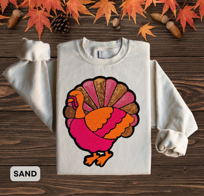 Sequins Thanksgiving Turkey Sweater, Pink Turkey Sweatshirt, Turkey Patch Crewneck, Thanksgiving Outfit Shirt, Chenille Sequins Turkey