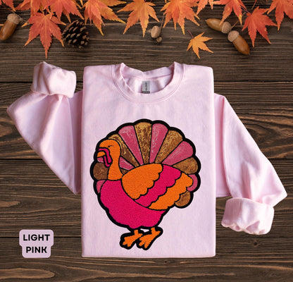 Sequins Thanksgiving Turkey Sweater, Pink Turkey Sweatshirt, Turkey Patch Crewneck, Thanksgiving Outfit Shirt, Chenille Sequins Turkey