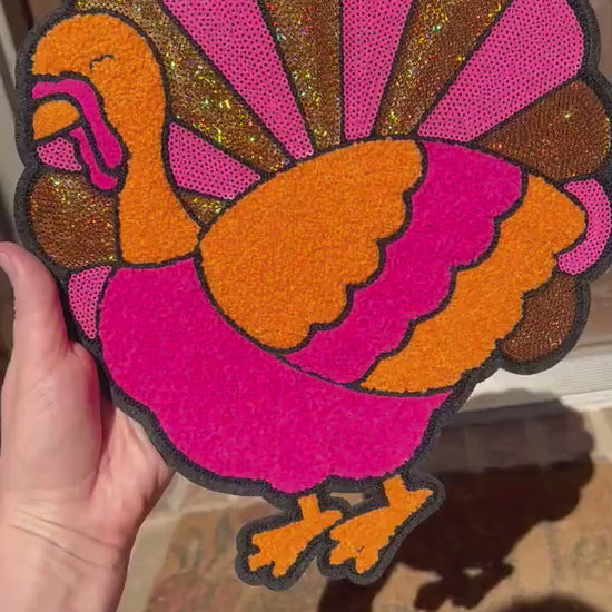 Sequins Thanksgiving Turkey Sweater, Pink Turkey Sweatshirt, Turkey Patch Crewneck, Thanksgiving Outfit Shirt, Chenille Sequins Turkey