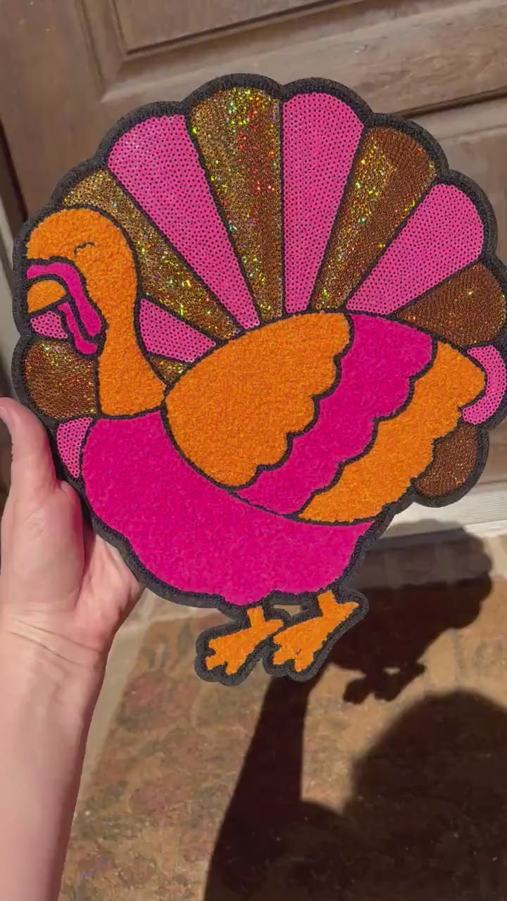 Sequins Thanksgiving Turkey Sweater, Pink Turkey Sweatshirt, Turkey Patch Crewneck, Thanksgiving Outfit Shirt, Chenille Sequins Turkey